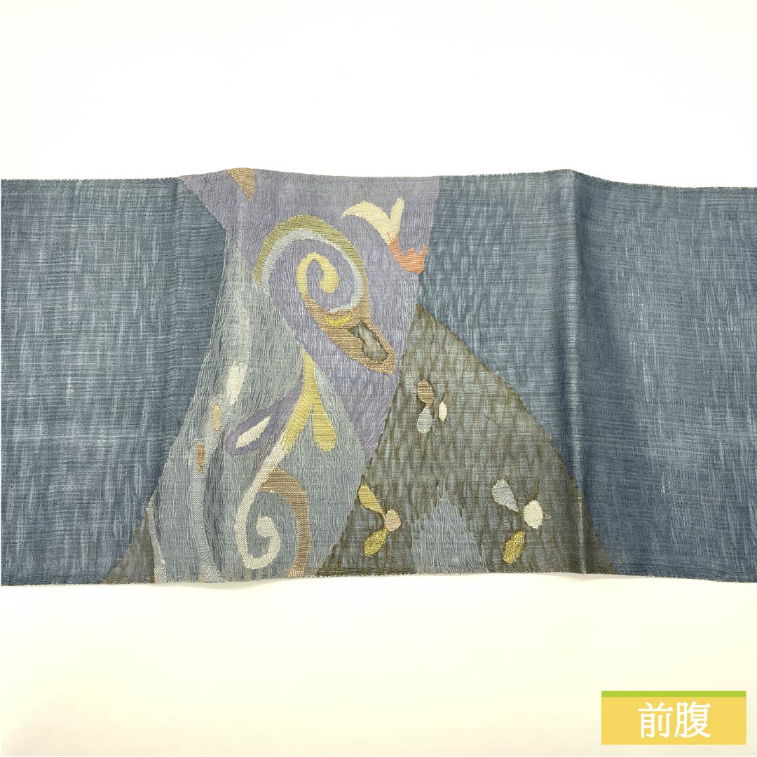 袋帯 正絹 湊鼠色（みなとねずいろ） 夏帯 抽象模様 帯丈440cm Bランク ポイント柄 セミフォーマル 水色系 1123013274324