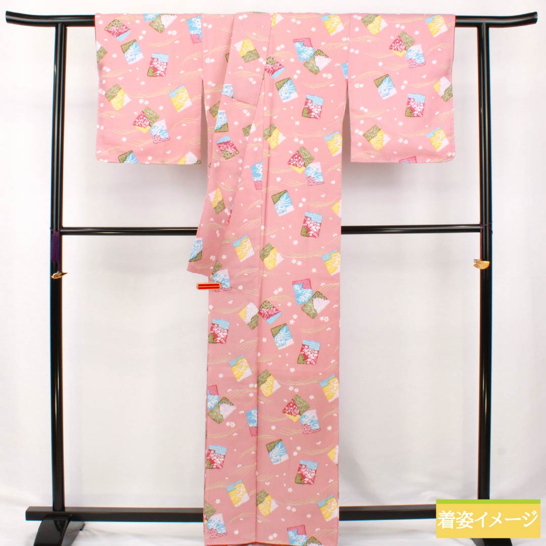 Small-patterned kimono, polyester, S rank, length 165.5cm, sleeve length 66cm, lined, pale pink plum color (usukoubaiiro), classic pattern, with basting thread, washable, pink, 1115007042513