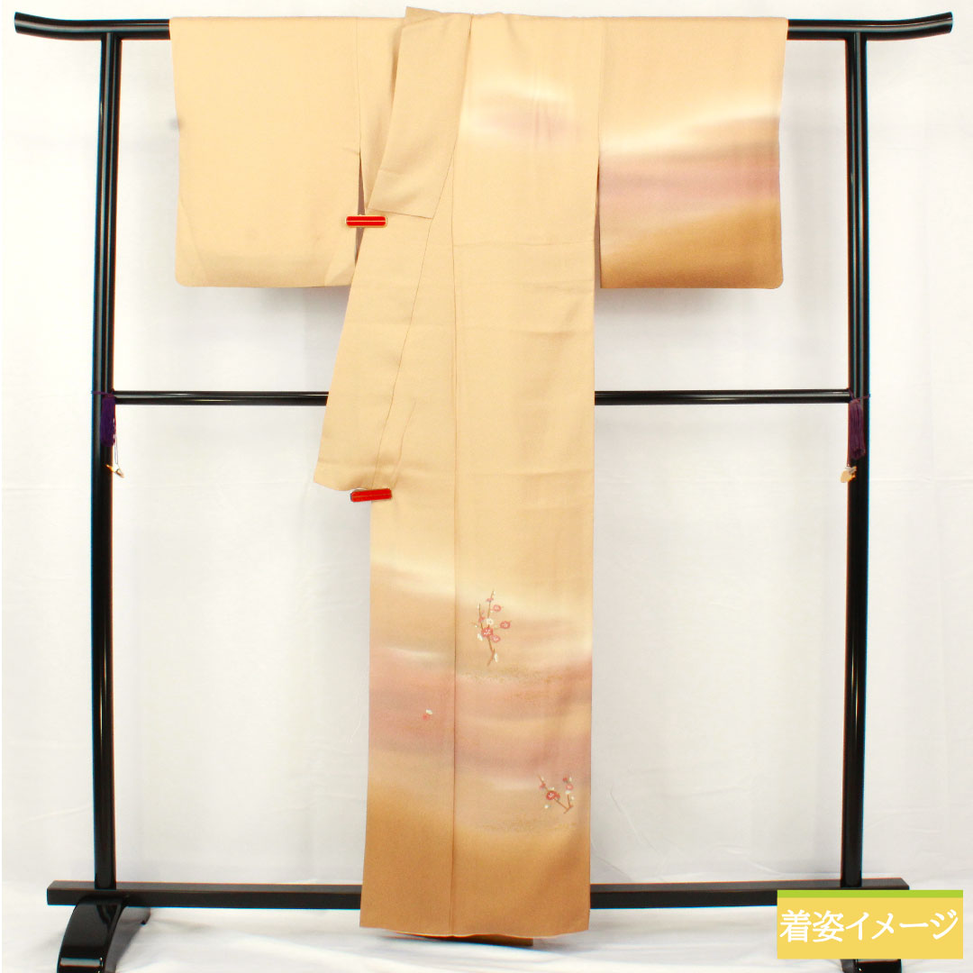 Homongi, pure silk, lined, length 162.5cm, sleeve length 64cm, koji-iro, Kyo-yuzen, tsukesage, plum, S rank, beige, 1112005292425