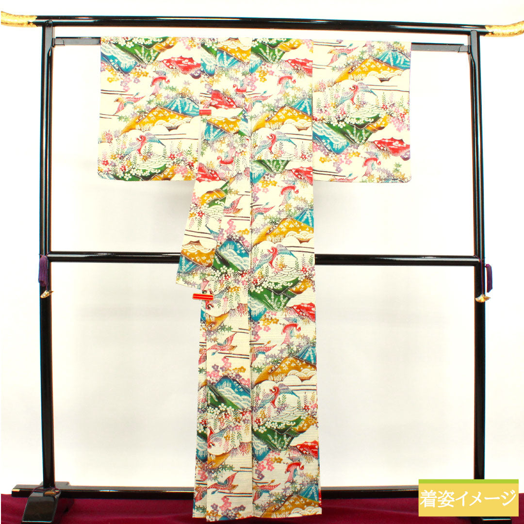 小紋 正絹 身丈161.5cm 裄丈63.5cm 袷  京紅型 梅 鶴 遠山  Sランク グラデーション系 1115003562499