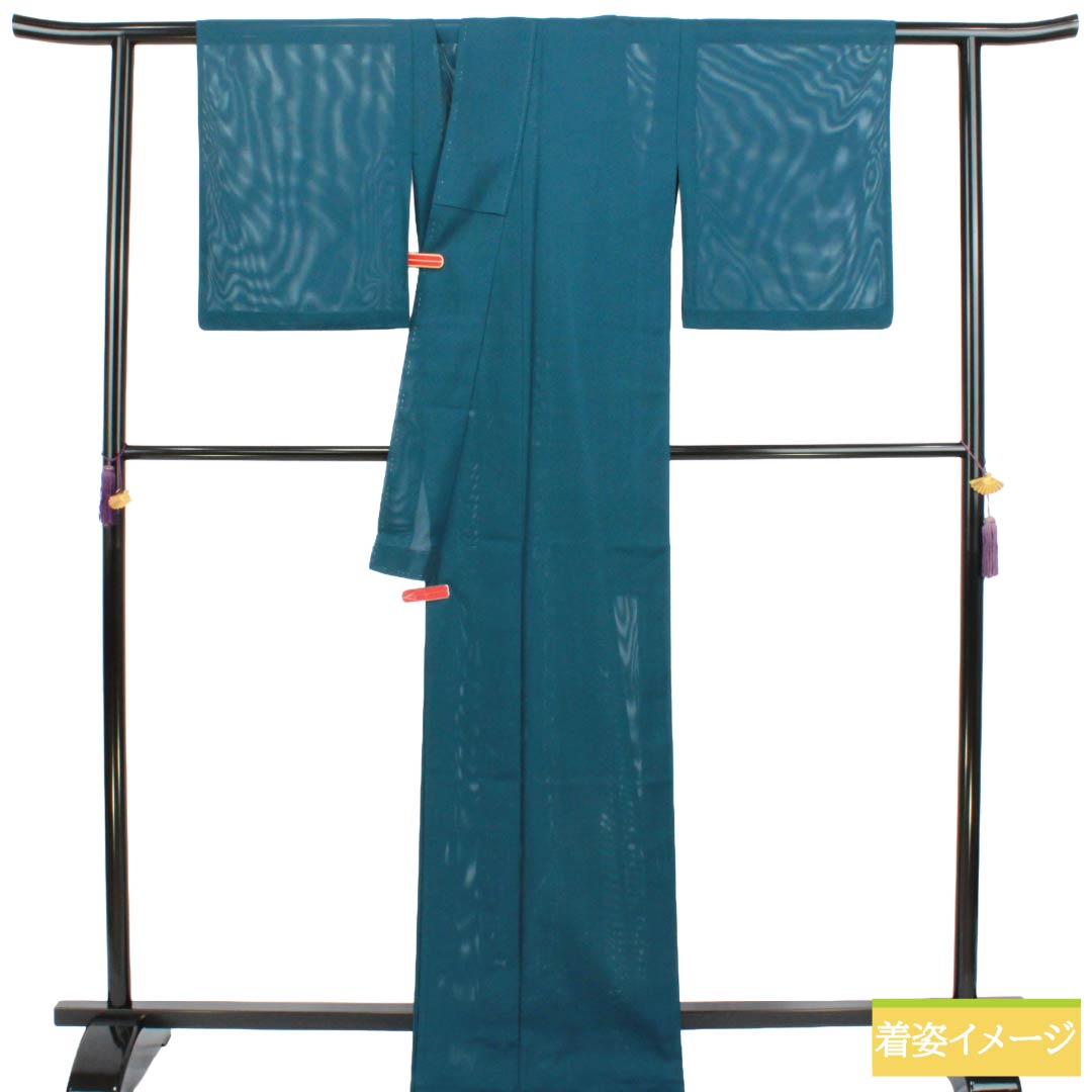 夏物 ポリエステル 色無地 Aランク 身丈169cm 裄丈64.5cm 藍天鵞絨色（あいびろうどいろ） 洗える着物 素無地 絽 青系 1132004223517