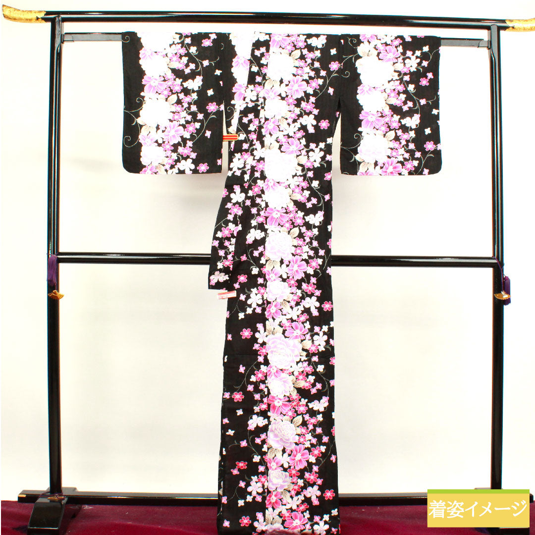 浴衣 木綿 身丈165.5cm 裄丈64.5cm Sランク 単衣 黒系 薔薇 桜 1118004512510