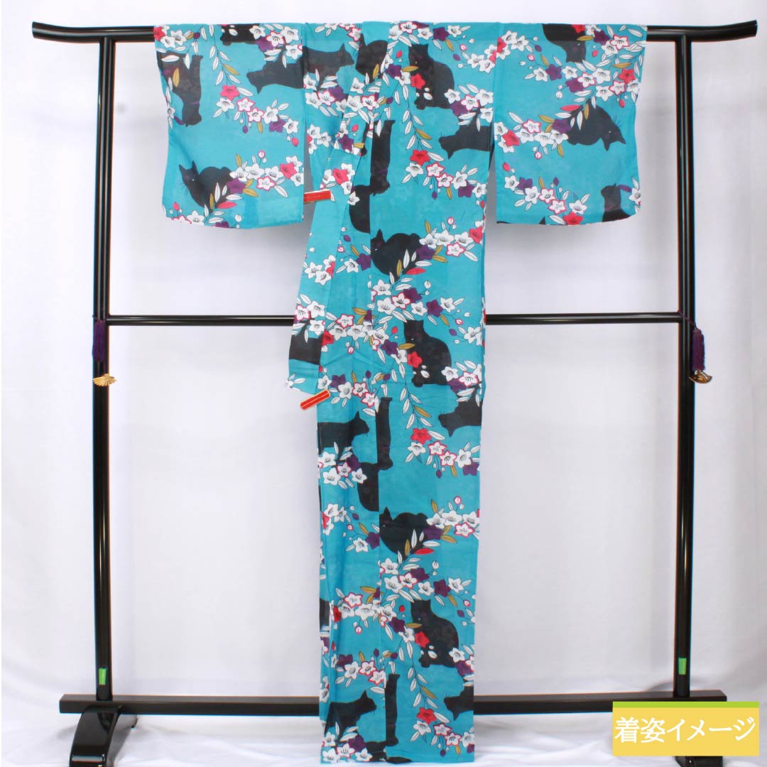 （新品未使用品） 浴衣 ポリエステル 身丈167cm 裄丈65cm NEWランク 単衣 青系 花浅葱色（はなあさぎいろ） 黒猫 桔梗 1118005731517