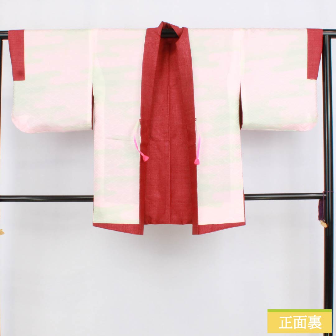 Haori (Japanese traditional kimono jacket) made of pure silk, grade A, length 79cm, sleeve length 63.5cm, madder red (akaneiro) color, kasuri pattern, tsumugi fabric, with haori cord, lined, red, 1117001283912