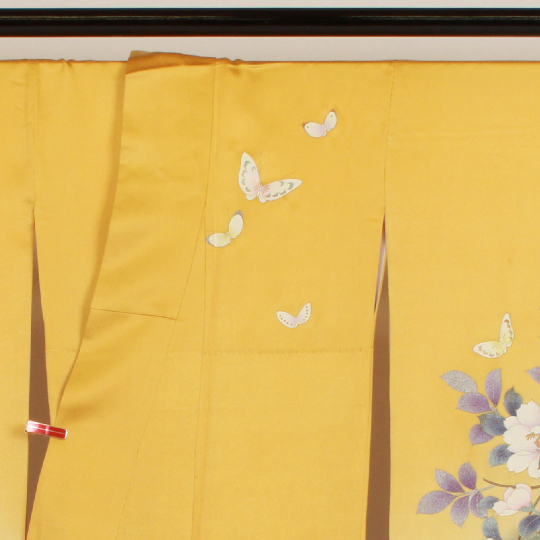 振袖 身丈159cm 裄丈67cm 袷  蝶 花柄 正絹 Aランク 黄系 1113000383323