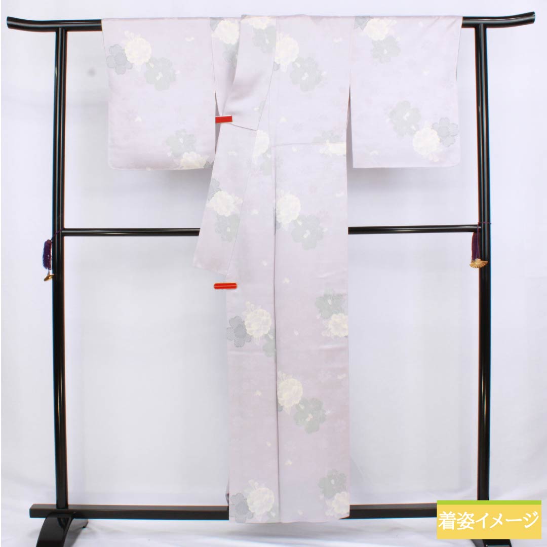 小紋 正絹 身丈156cm 裄丈66cm 袷 霞色（かすみいろ） 型染 桜 椿 きららガード Sランク 紫系 1115006192320