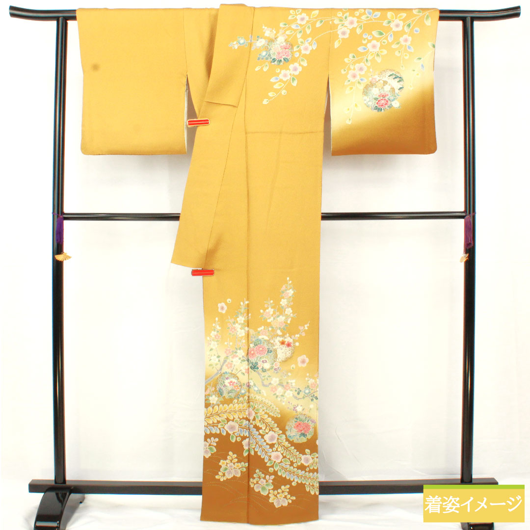 訪問着 正絹 袷 身丈163cm 裄丈69cm 黄唐紙色（きからかみいろ） 京友禅 桜 菊 撫子 ニューはればれ加工 Sランク 黄系 1112005152423
