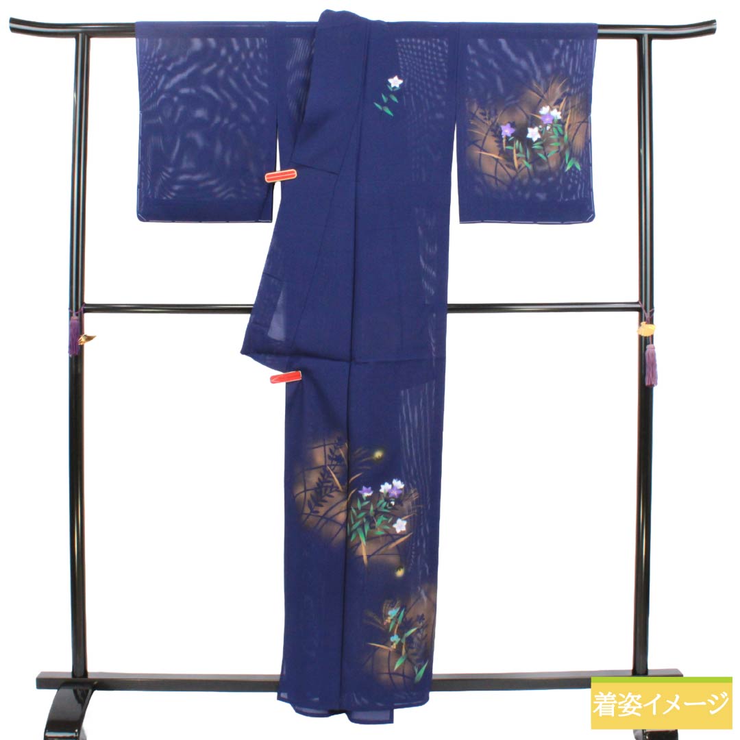夏物 正絹 訪問着 Aランク 身丈158.5cm 裄丈62.5cm 濃桔梗色（こいききょういろ） 付下げ 秋草模様 蛍 絽 紺系 1132004703318