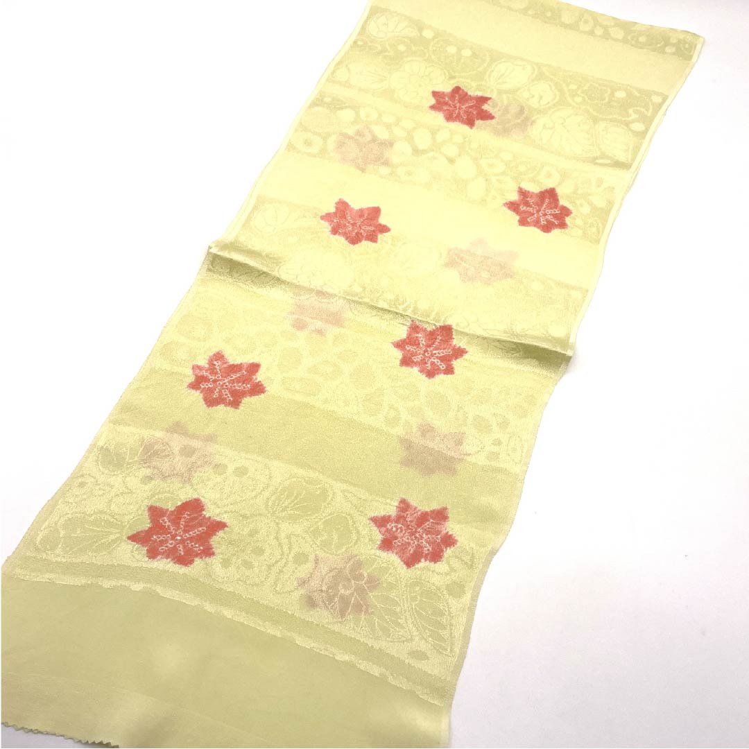帯揚げ 正絹 セミフォーマル 嫩芽色（どんこうしょく） 絞り 紅葉 植物 長さ約168cm 幅約27cm Sランク クリーム系 1136000312915