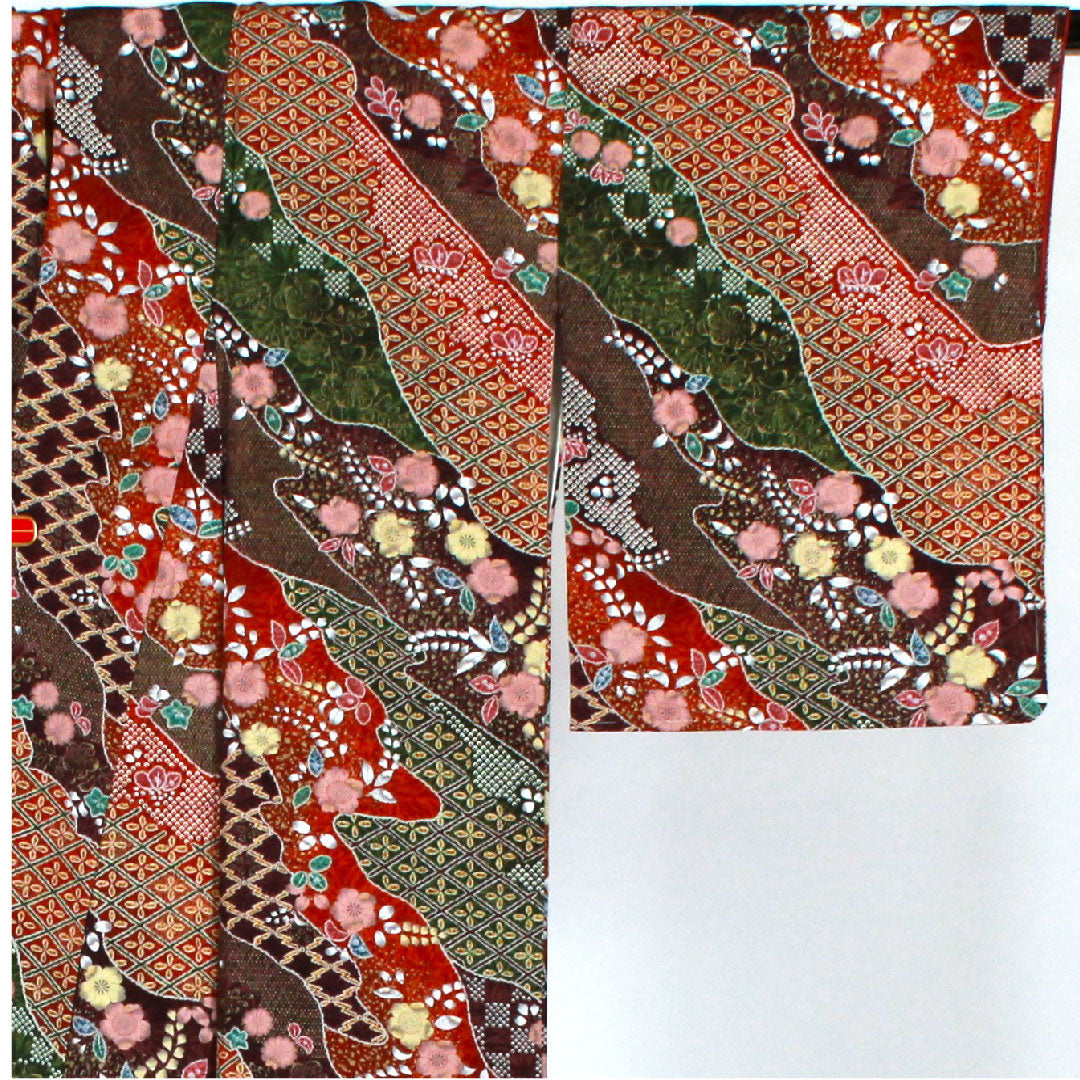Komon, Length 160cm, Sleeve Length 65cm, Awase, Tsujigahana, Pure Silk, S Rank, Brown, 1115000722314