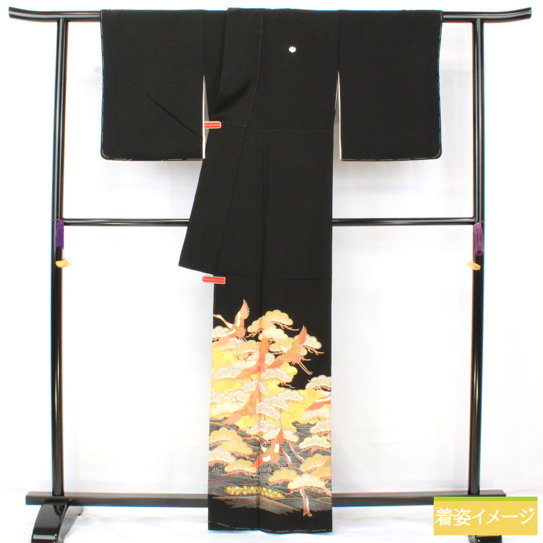 黒留袖 正絹 身丈162.5cm 裄丈64cm 袷 京友禅 鶴 松 作家物 五つ紋 五三桐 Aランク 黒系 1111001623410