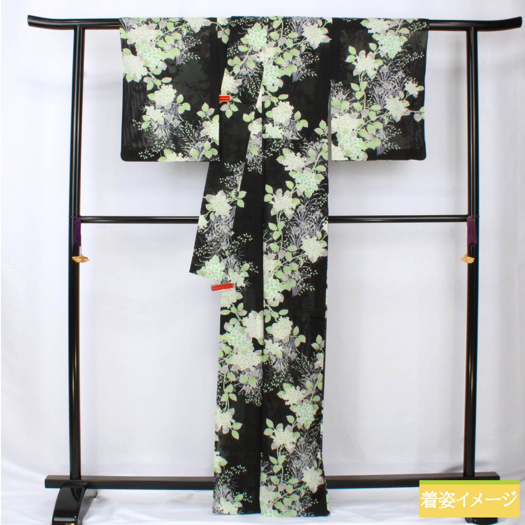 Summer kimono, polyester, small pattern, length 167cm, sleeve length 63.5cm, hydrangea, iris, washable kimono, silk, A rank, black, 1132002283510