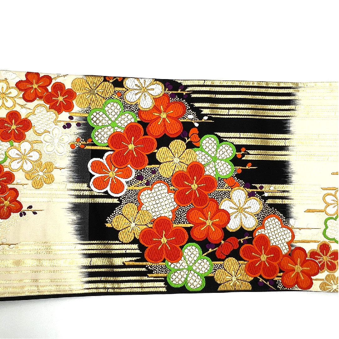 Fukuro Obi for Furisode, Plum, Bamboo, Length 422cm, Pure Silk, A Rank, Six-way, Formal, Black, 1123003443310