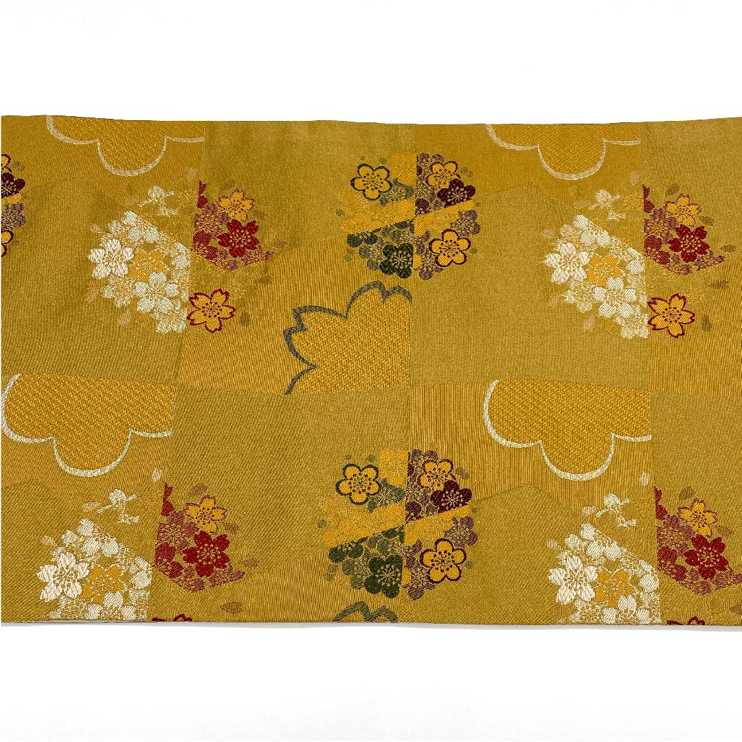 Nagoya obi, Kyobukuro obi, Umedani astringent color, cherry blossom, plum, checkered pattern, obi length 392cm, poly, A rank, full length, semi-formal, yellow, 1124003353323, open style