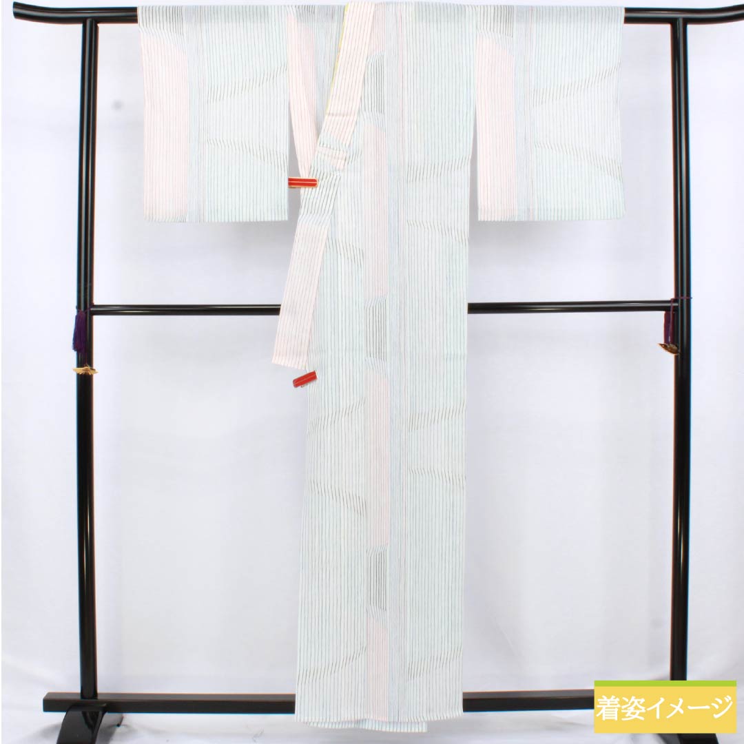 Summer polyester komon kimono, length 157.5cm, sleeve length 64.5cm, striped, washable, embroidered, gauze, S rank, white, 1132002552311