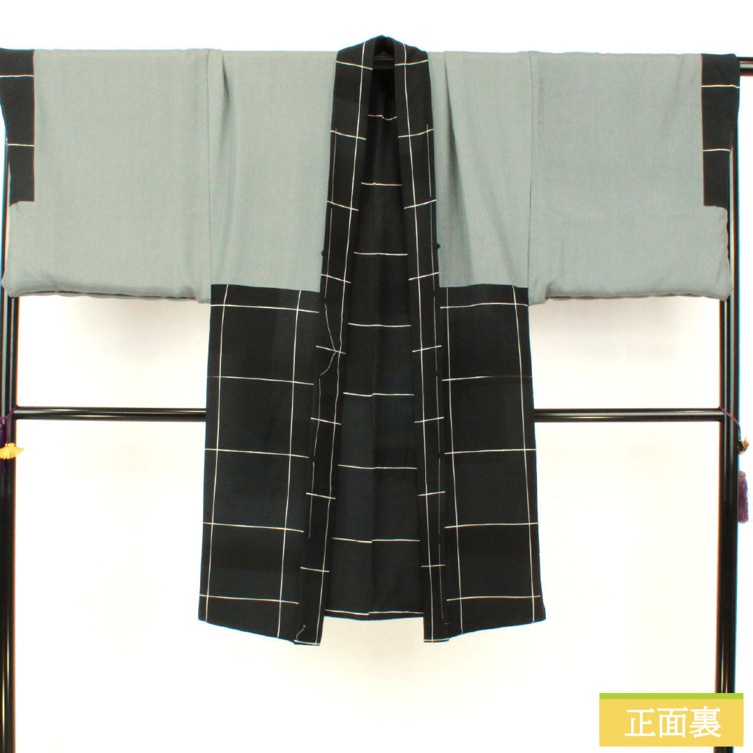 男物 正絹 Sランク 身丈104cm 裄丈75cm 格子 染め しつけ糸付き 黒系 1119001542110