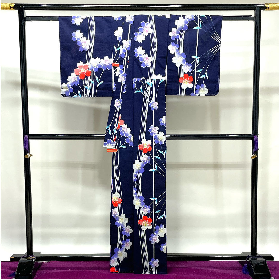 Yukata with basting thread, unused, dark blue, cherry blossom, cotton, S rank, single layer, length 165.5cm, sleeve length 64.5cm, navy blue, 1118002342518