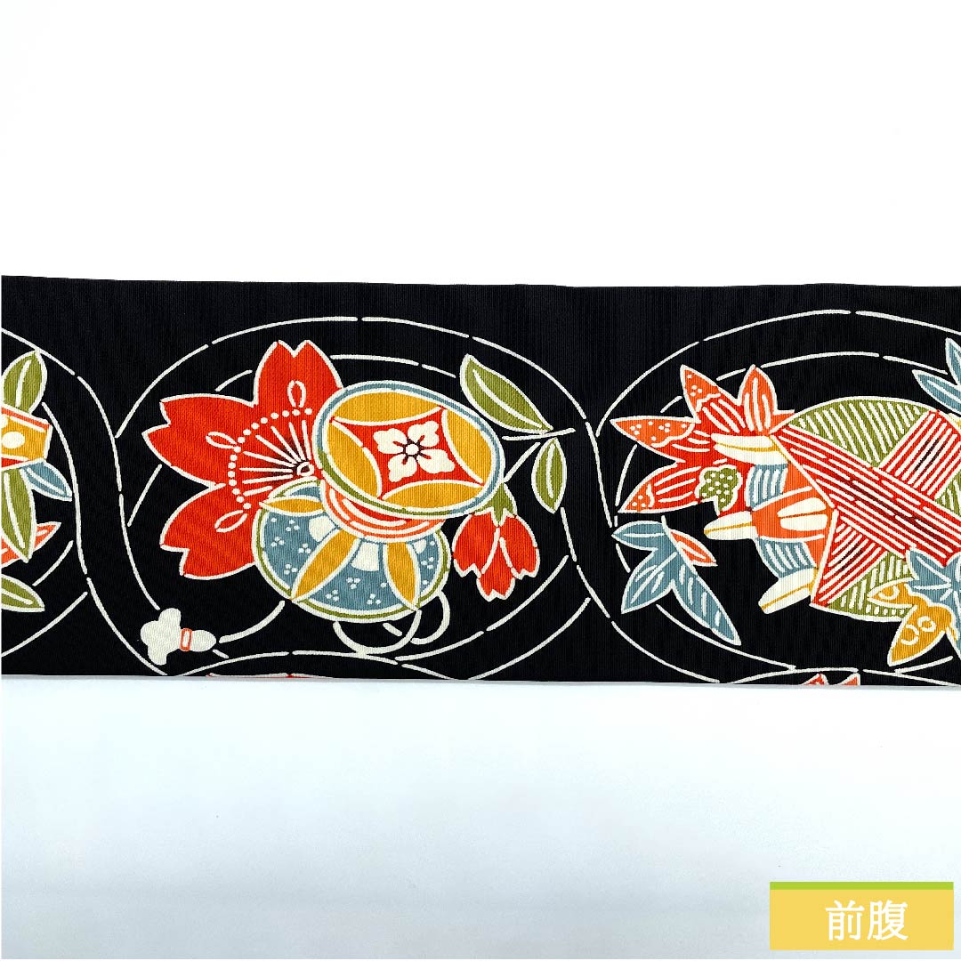 Nagoya obi, black, stencil dyeing, Kyoto Bingata, drum, thread winding, butterfly, toy, obi length 368cm, pure silk, S rank, full length, casual, black, 1124005882310, Nagoya style