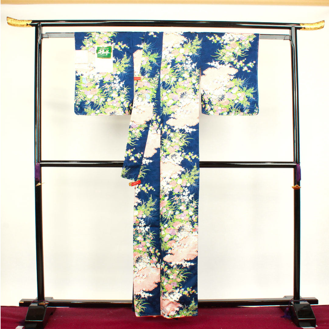 小紋 身丈160cm 裄丈65cm 袷  濃藍色 洗える着物 花車 草花模様  ポリ Sランク 紺系 1115003302418