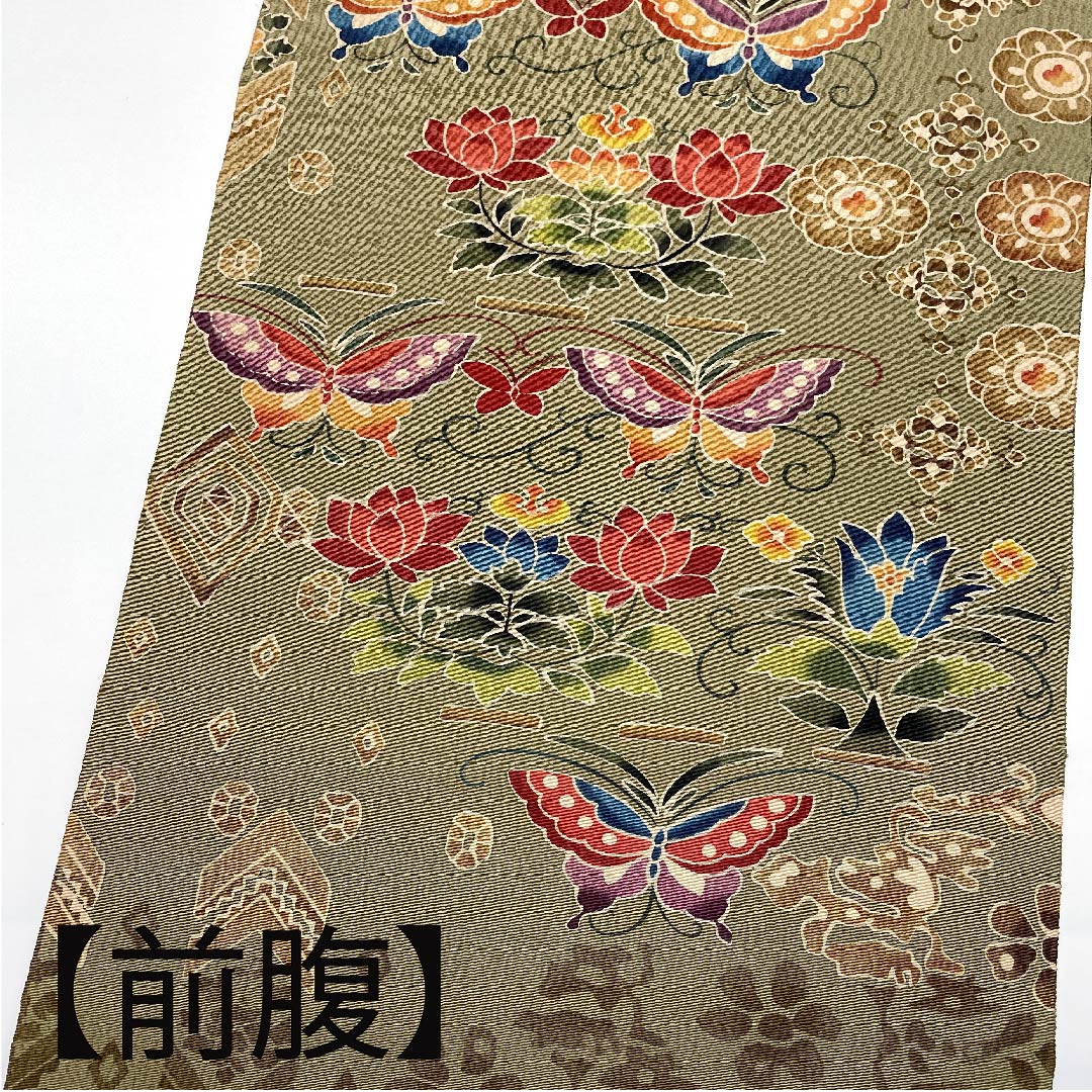 【未仕立】名古屋帯 正絹 NEWランク 黄海松茶色（きみるちゃいろ） ちりめん地 花柄 蝶々 帯丈360cm ポイント柄 カジュアル 緑系 1124004701319