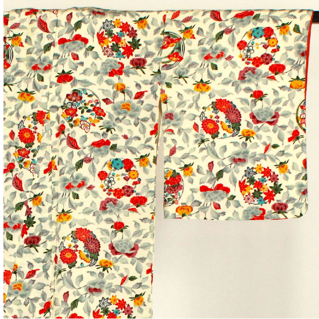 Komon, Length 164cm, Sleeve length 67cm, Lined, Stencil dyeing, Chrysanthemum, Floral pattern, Pure silk, A rank, White, 1115001223311