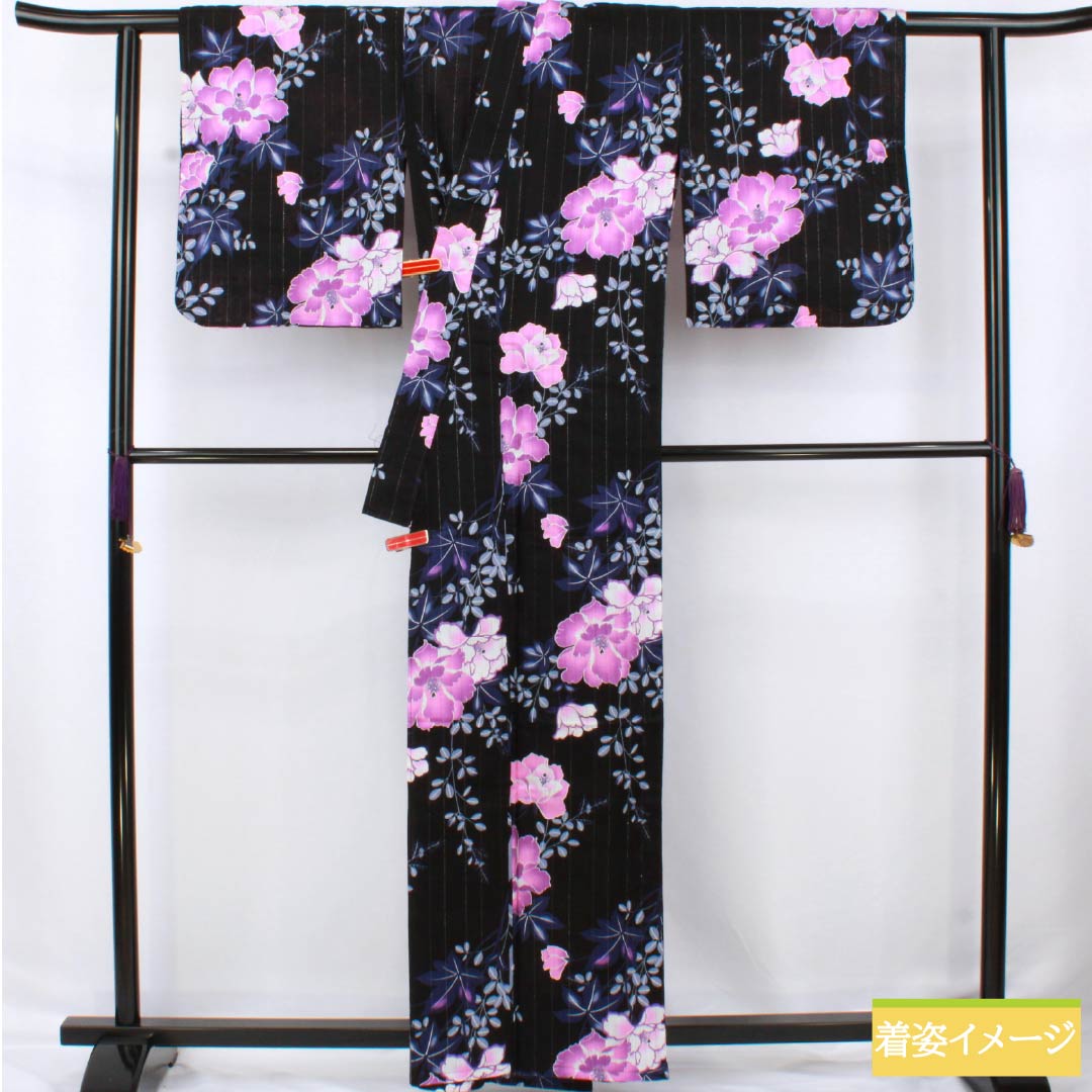 浴衣 木綿 身丈161.5cm 裄丈65cm Sランク 単衣 黒系 竪絽（たてろ） 花 銀糸入り 1118006662410