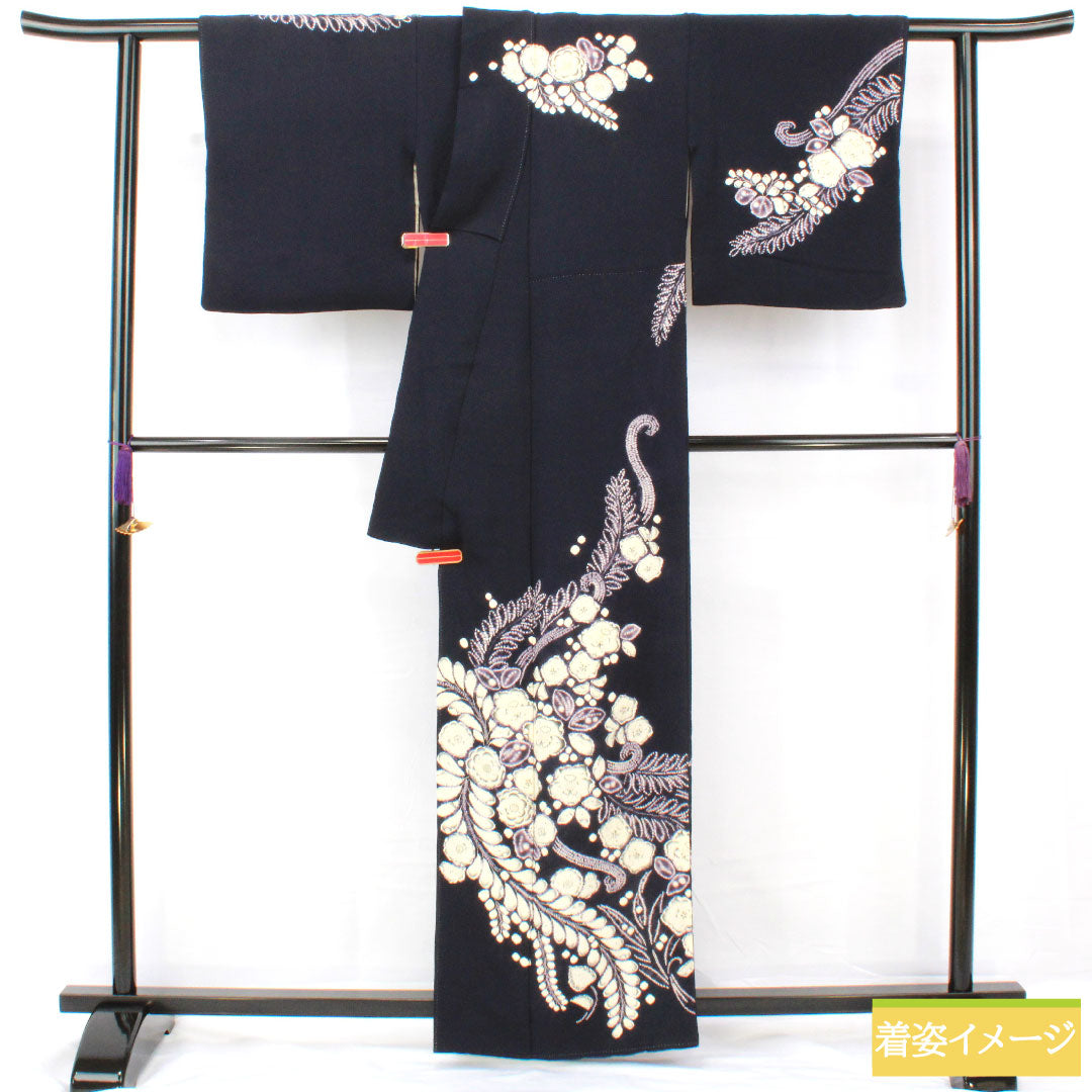 Homongi, pure silk, lined, length 158cm, sleeve length 67cm, blue-brown, Tsujigahana, partially dyed, A rank, navy blue, 1112005163318