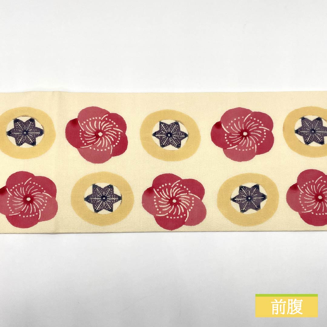 Nagoya obi, natural color (kinariiro), stencil-dyed, crepe fabric, twisted plum, obi length 360cm, pure silk, S rank, full length, casual, cream color, 1124007702315, Nagoya style