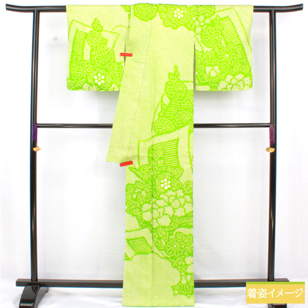 訪問着 正絹 袷 身丈165.5cm 裄丈63.5cm 黄緑色（きみどりいろ） 総絞り しつけ糸付き Aランク 緑系 1112005093519