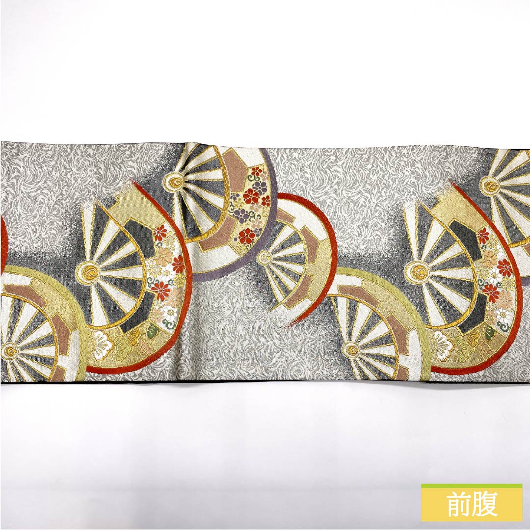 Fukuro Obi, pure silk, for Tomesode and Furisode, wheel pattern, pine, obi length 418cm, S rank, six-way, formal, silver, 1123013632322