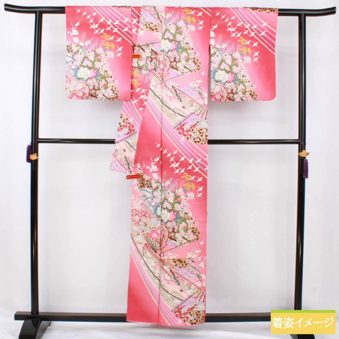 訪問着 正絹 Sランク 袷 身丈155.5cm 裄丈63cm 紅梅色（こうばいいろ） 京友禅 吉祥文様 鶴 梅 扇面 ピンク系 1112007362313