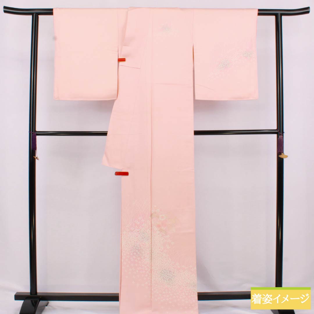 Visiting Kimono (Homongi) - Pure Silk, Grade A, Lined, Length 166cm, Sleeve Length 61.5cm, Otomeiro (Girl's Color), Kyoto Yuzen Embroidery, Floral Design, Pink, Product Number: 1112006273513