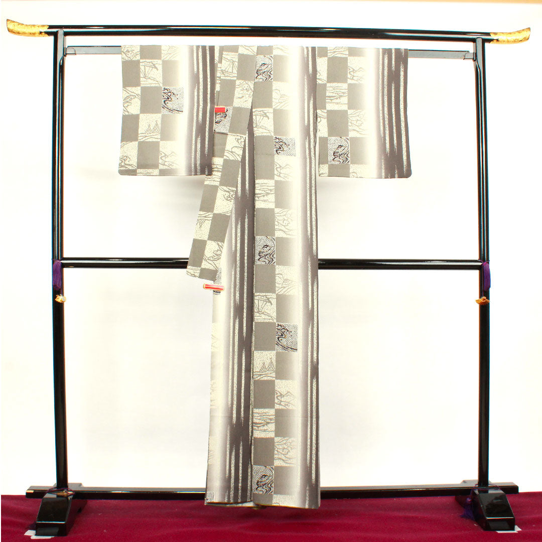 小紋 身丈158cm 裄丈62cm 袷  市松 抽象模様  正絹 Sランク グラデ 1115003282399