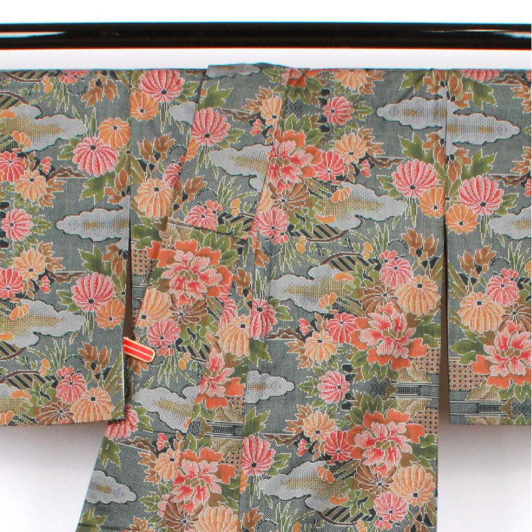 Oshima Tsumugi, Length 156.5cm, Sleeve length 64.5cm, Warp and weft ikat, Floral pattern, Pure silk, A rank, Lined, Green, 1116001853319