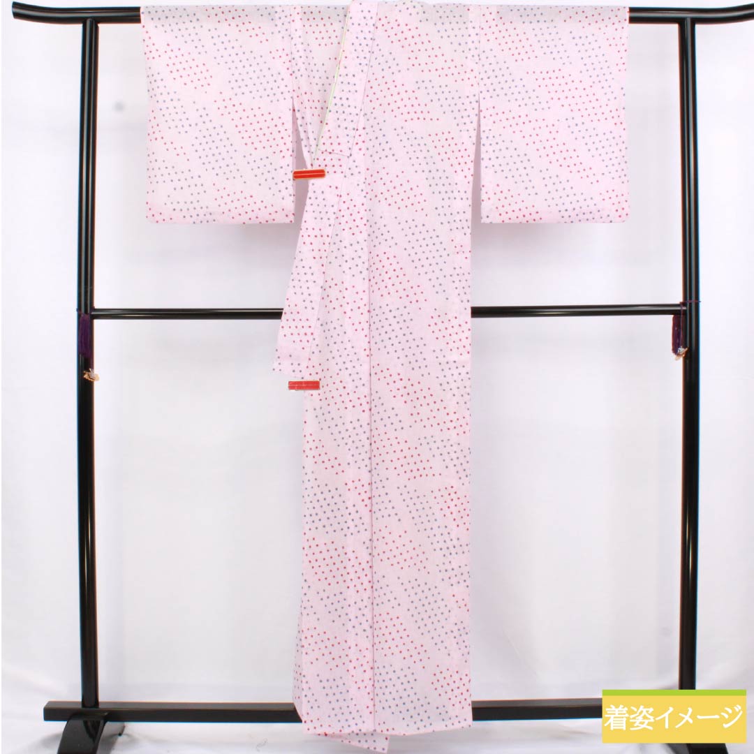 Summer kimono, polyester, small pattern, length 158cm, sleeve length 64cm, white plum blossom color (shiraumeiro), polka dot pattern, embroidered, washable, gauze, S rank, pink, product number 1132002562313
