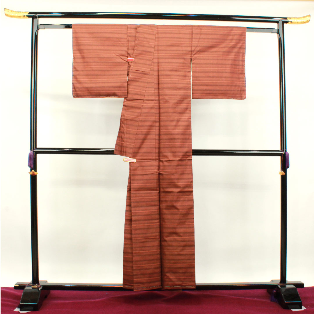 紬 正絹 身丈155.5cm 裄丈62.5cm  横段 Aランク 袷 茶系 1116002793314