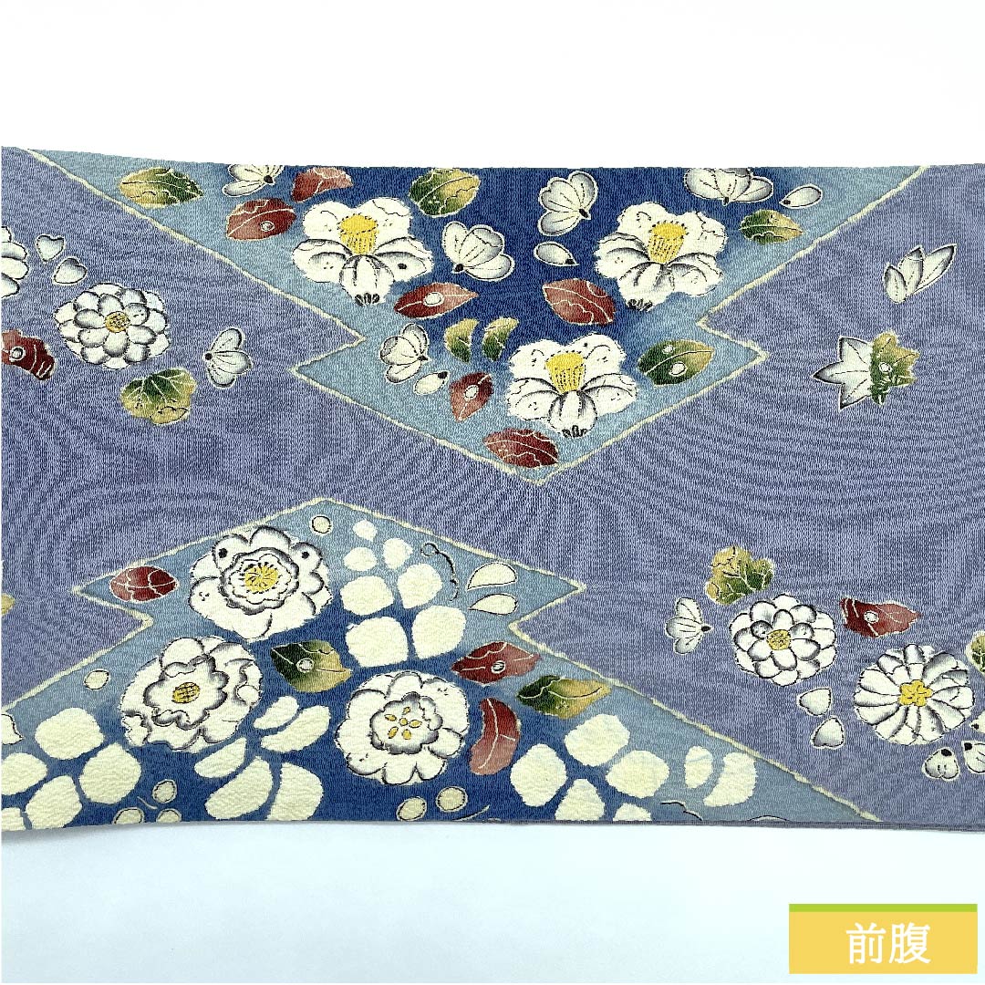 Nagoya obi, blue and gray, Tsujigahana, Matsukawabishi, crepe, obi length 364cm, pure silk, A rank, point pattern, casual, blue, 1124006223317, open style