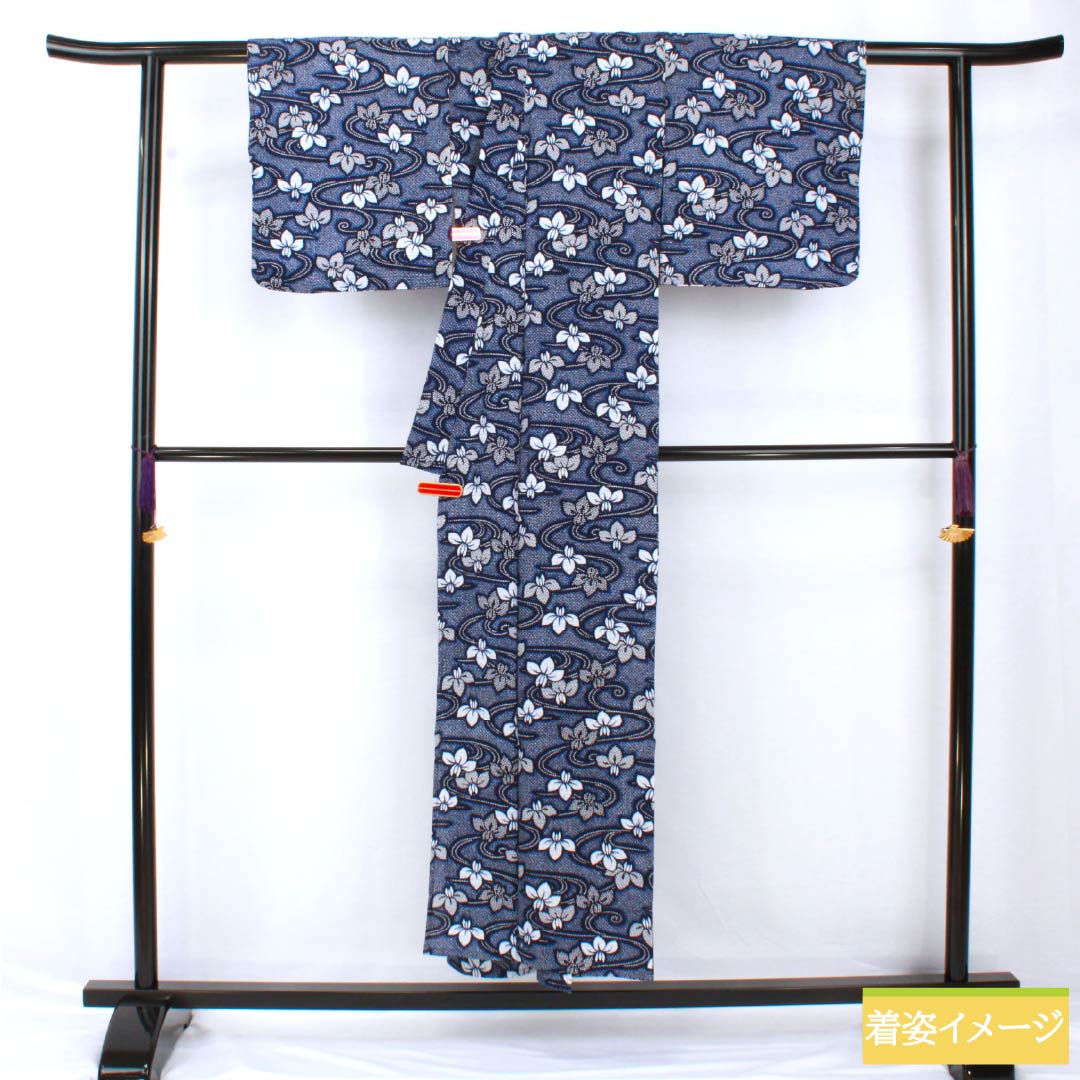 浴衣 木綿 身丈151.5cm 裄丈62cm Sランク 単衣 紺系 濃紺色（のうこんいろ） リップル 流水 アヤメ 1118005362218