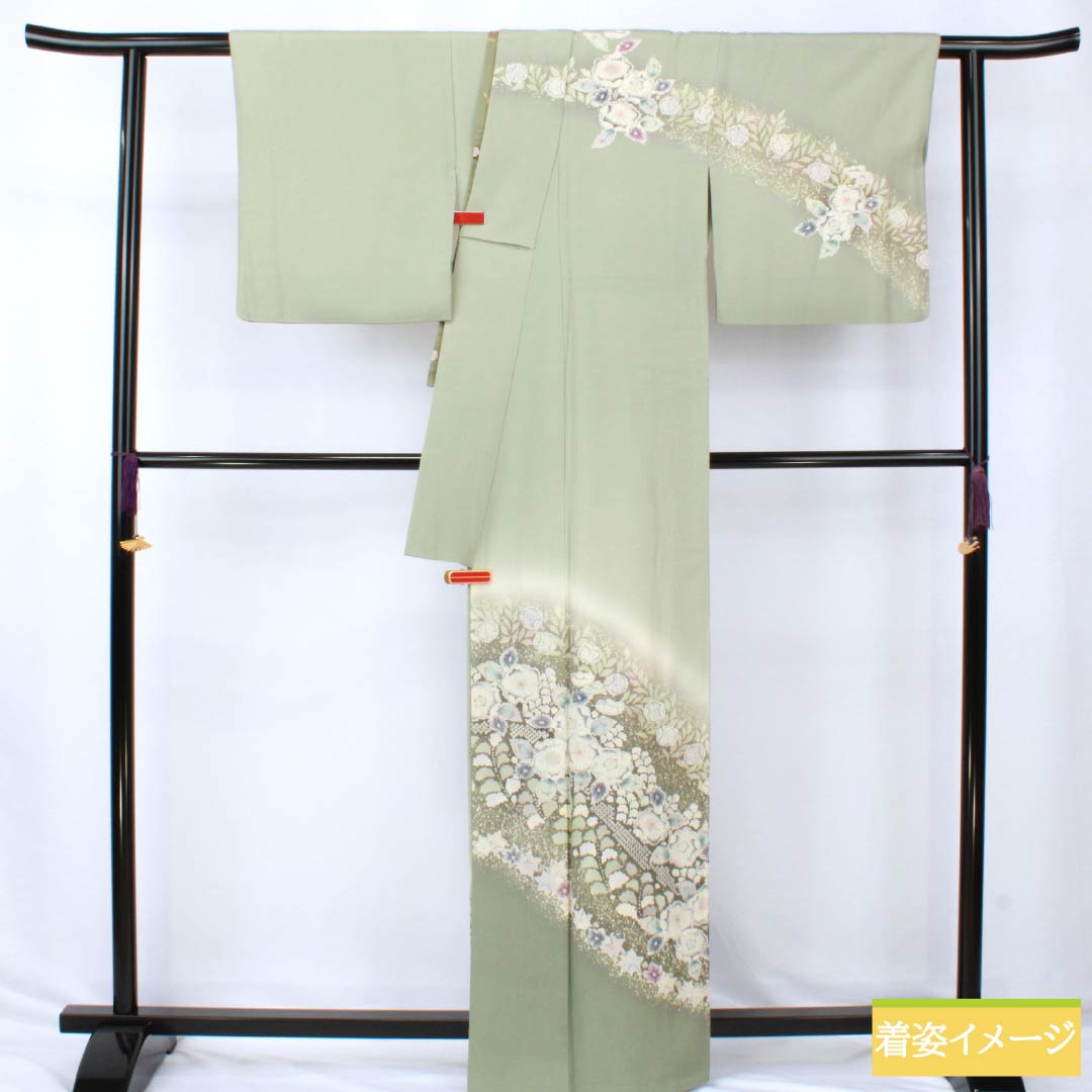 訪問着 正絹 Aランク 袷 身丈163cm 裄丈65.5cm 龍泉青瓷釉色（ロンチュエンチンツーユースーいろ） 京友禅 一つ紋 丸に梅鉢 縫い紋 辻ヶ花 緑系 1112006413419