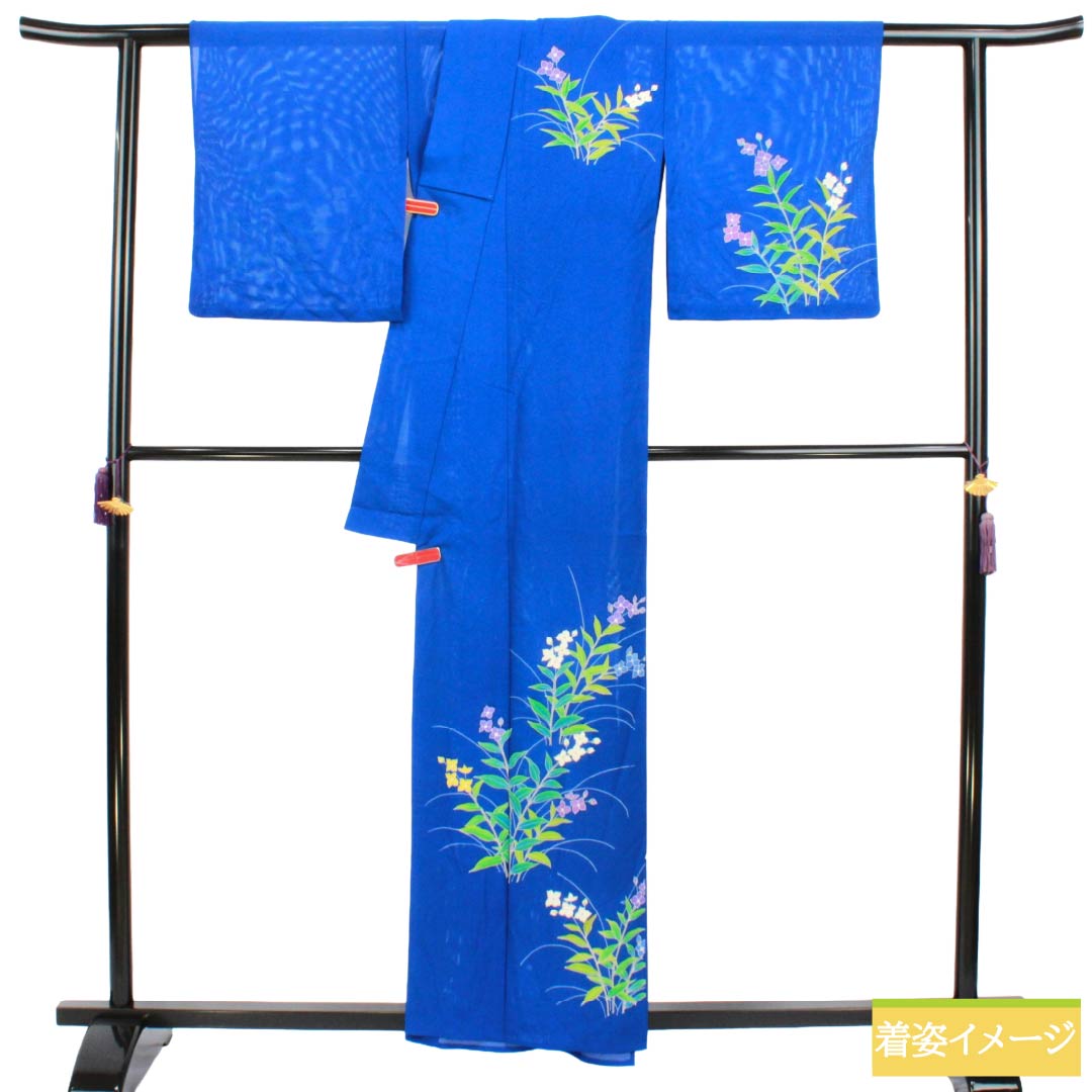 Summer Silk Homongi A-Rank, Length 157.5cm, Sleeve-to-Sleeve 64cm, Lapis Lazuli, Tsukesage, Floral Pattern, Kyo-Yuzen, Ro, Blue, 1132003753317