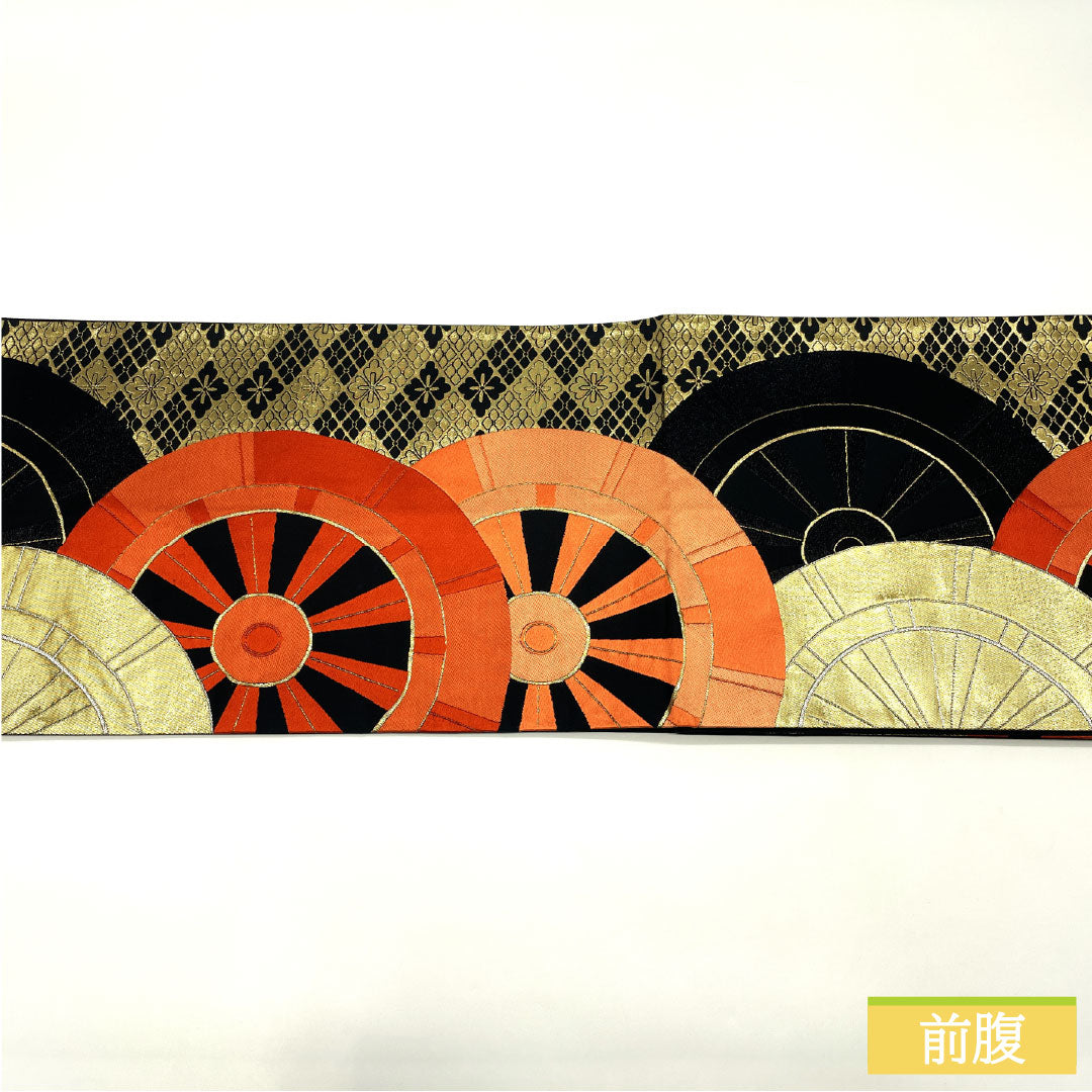 Formal black obi, pure silk, S-rank, Nishijin-ori weave, with artful gold leaf and Genji wheel motif, length 416cm, six-fold, 1123017152310