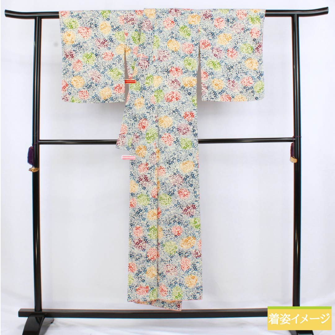 Komon (small pattern) kimono, pure silk, length 147cm, sleeve length 64cm, lined, off-white, stencil-dyed, abstract pattern, with basting thread, A rank, white, 1115006123111