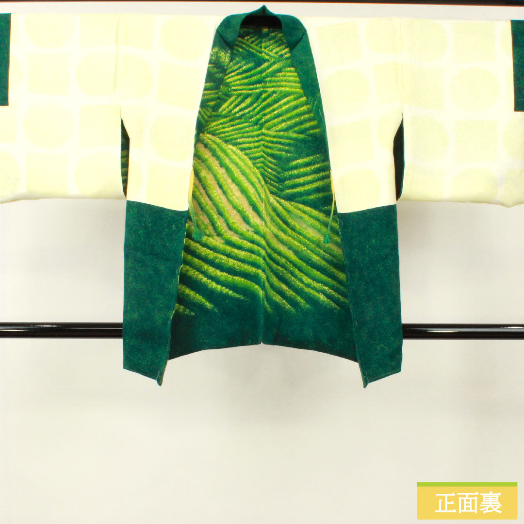 羽織 正絹 身丈83.5cm 裄丈67cm 玉虫色（たまむしいろ） ろうけつ染め 抽象模様 しつけ糸付き Sランク 袷 緑系 1117001042919