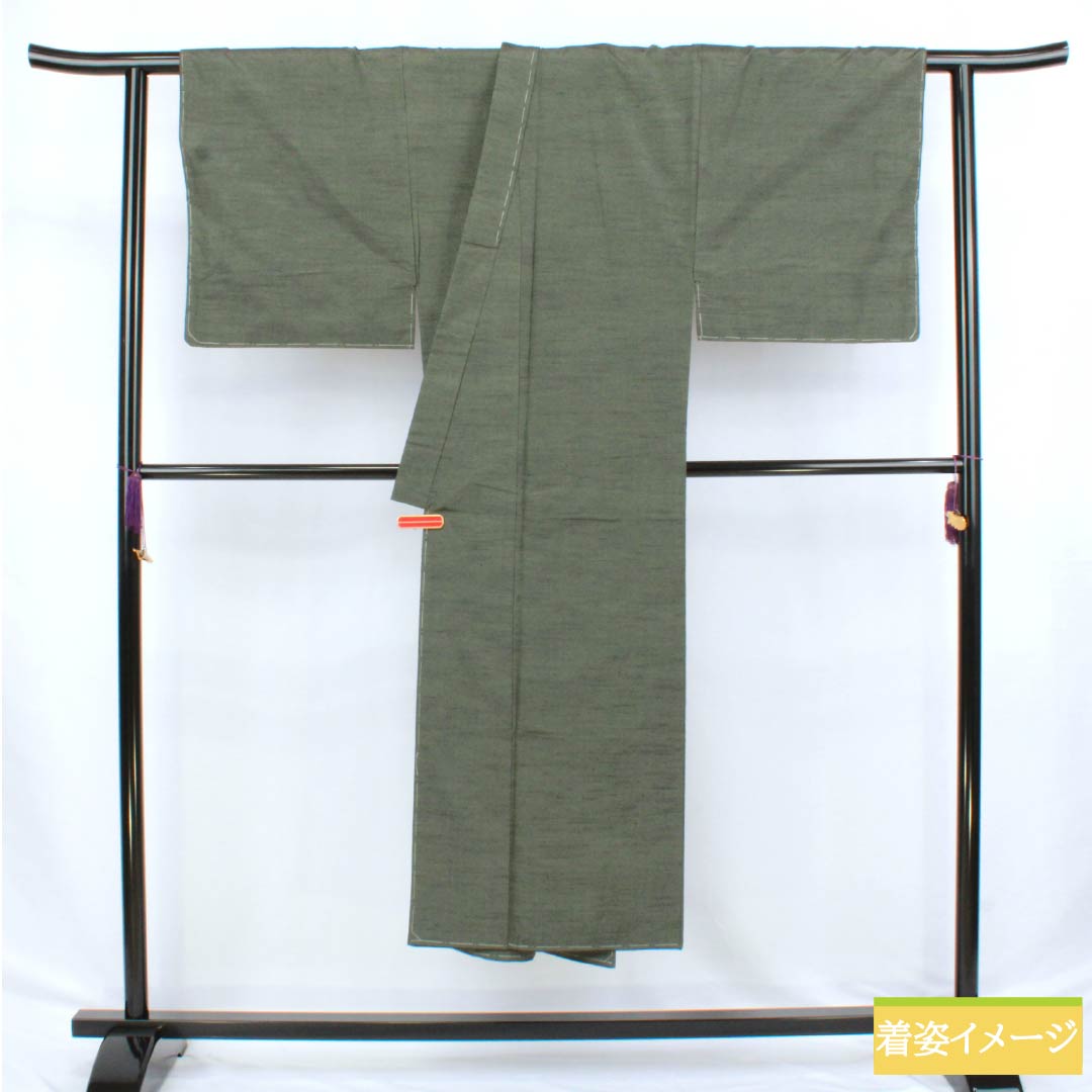 男物 正絹 Sランク 身丈142cm 裄丈71cm  鈍色（にびいろ） ひげ紬 しつけ糸付き アンサンブル 袷 緑系 1119001062419