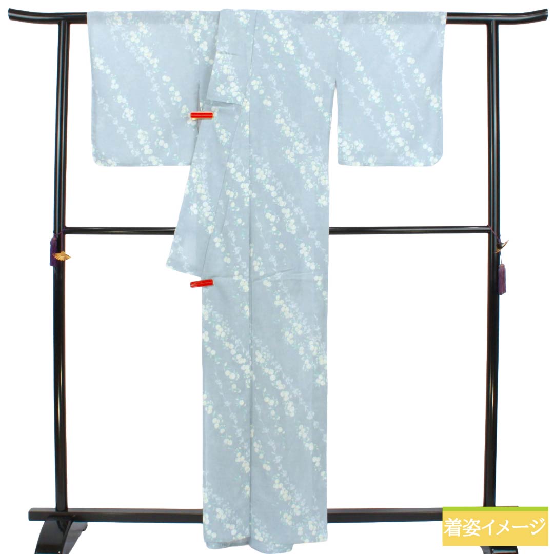夏物 ポリエステル 小紋 Sランク 身丈161.5cm 裄丈66cm 空色鼠色（そらいろねずいろ） 草花模様 洗える着物 しつけ糸付き 紗 グレー系 1132003582422