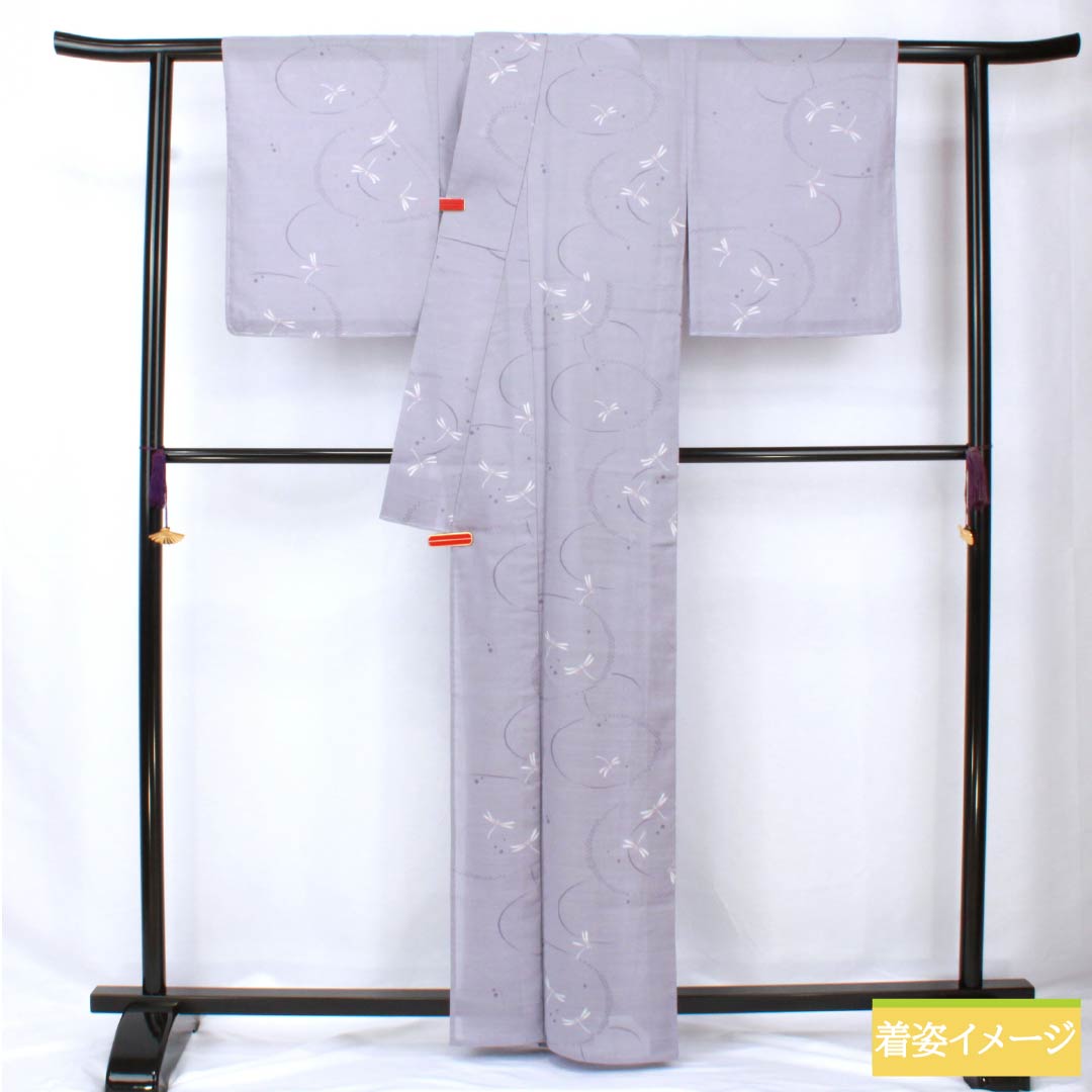 Summer kimono, polyester, small pattern, length 163cm, sleeve length 64.5cm, aristocratic gray, ripples, dragonfly, washable kimono, gauze, S rank, purple, 1132002142420