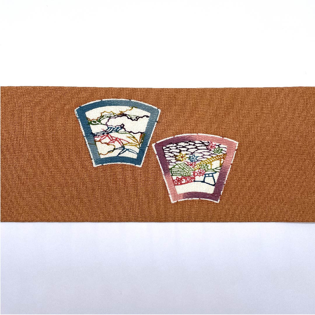 Nagoya obi, Spicy color, Chirimen fabric, Fan pattern, Four seasons scenery pattern, Obi length 390cm, Pure silk, S rank, Point pattern, Casual, Pink, 1124004682313, Nagoya style