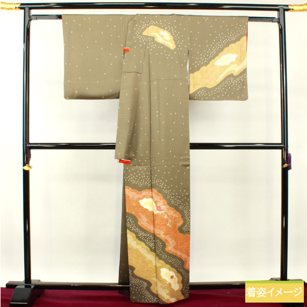 Homongi, pure silk, lined, length 162.5cm, sleeve length 66.5cm, sand color, embroidery, partial tie-dyeing, super bell guard, S rank, gray, 1112003632422