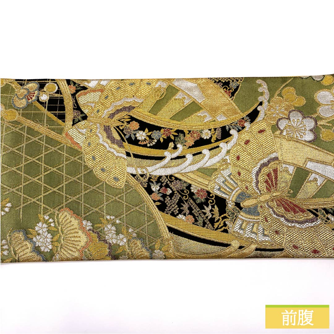 袋帯 正絹 織部色（おりべいろ） 振袖用 蝶 松竹梅 桜 帯丈428cm Sランク 六通 フォーマル 緑系 1123013392319