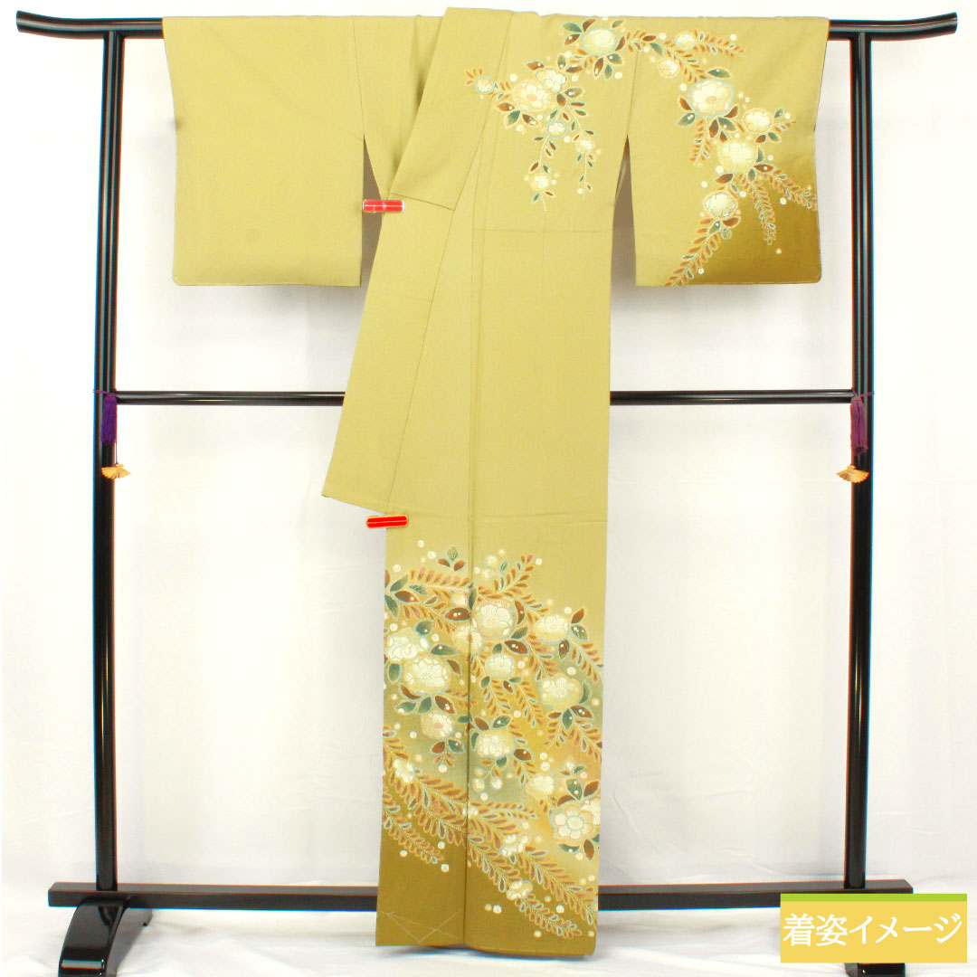 訪問着 正絹 袷 身丈162cm 裄丈62.5cm 薄柳色（うすやなぎいろ） 辻ヶ花 ちりめん地 重ね衿付き しつけ糸付き Sランク 緑系 1112005202419